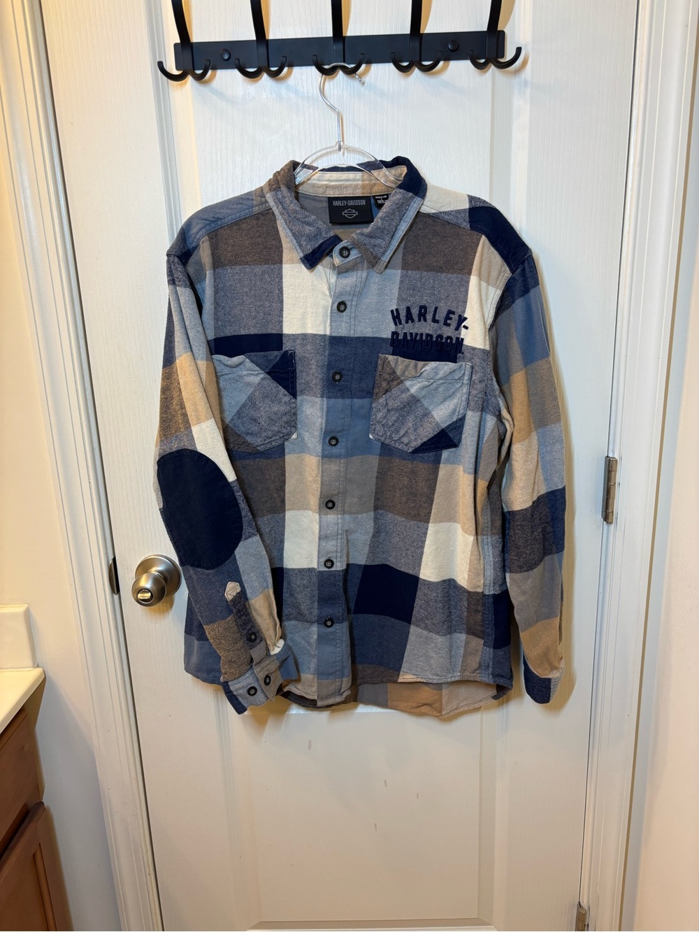 Harley-Davidson Men's Large Plaid Flannel Shirt Blue Tan Gray Elbow Patches
